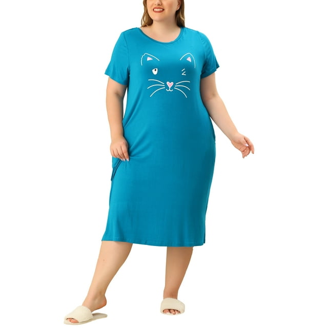 Agnes Orinda Nuisettes pour Femmes Grande Taille Fête des Mères Col Rond Manches Courtes Robe de Nuit Imprimé Chats Pyjamas Détente Maison avec Poche 4X Bleu Paon