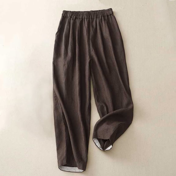 BRGZLK Women Linen Pants Fashion Summer Solid Color Cotton Linen Retro Loose Lightweight Straight Beachwear Casual Nine Points Pants with Pockets Coffee L