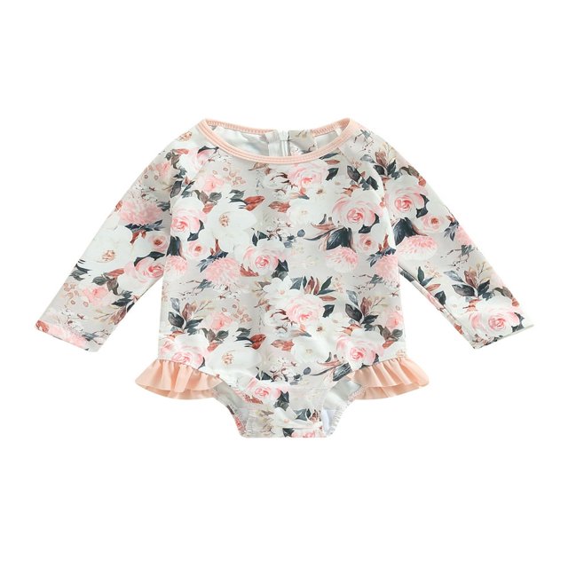 Toddler Baby Girl Jumpsuit Swimsuit Flower Print Long Sleeve Ruffle Spring Summer Bikini Bathing Suit Green 9-12 Months