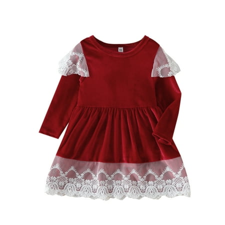 

Toddler Baby Girls Christmas Dress Long Sleeve Crew Neck Lace Velvet Holiday Dress for Kids Red