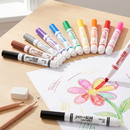 Pen+Gear Classic Markers, Broad Line, Assorted Colors, 10 Count