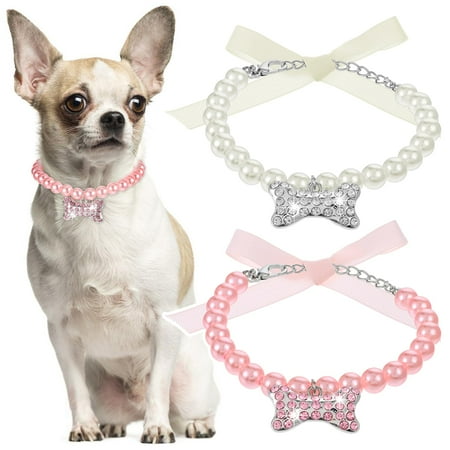 2 Pcs Pet Pearl Collar Necklace With Rhinestone Bone Diamond Crystal For Dogs Puppy Pet Small Bling Rhinestone Fancy Cat Wedding Collar Jewelry For Kitten Party Wedding Birthday (S)