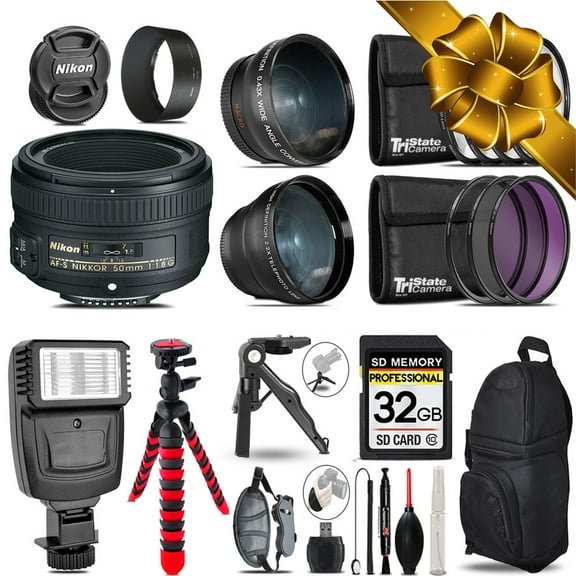 Nikon AF-S 50mm 1.8G -3 Lens Kit Slave Flash Tripod - 32GB Accessory Bundle