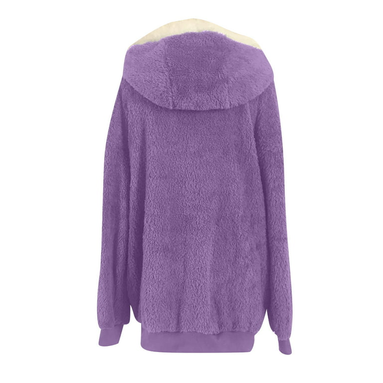 Stamzod Womens 2022 Winter Fuzzy Fleece Jacket Plus Size Winter Warm Loose  Plush Zip Hooded Jacket Coat with Pockets Purple S