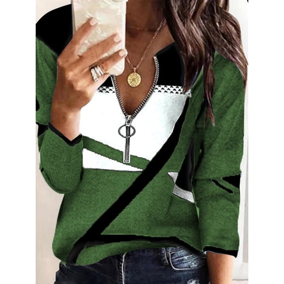 Gvmfive Women Tops Colorblock Long Sleeve V Neck Zipper Blouse Shirt