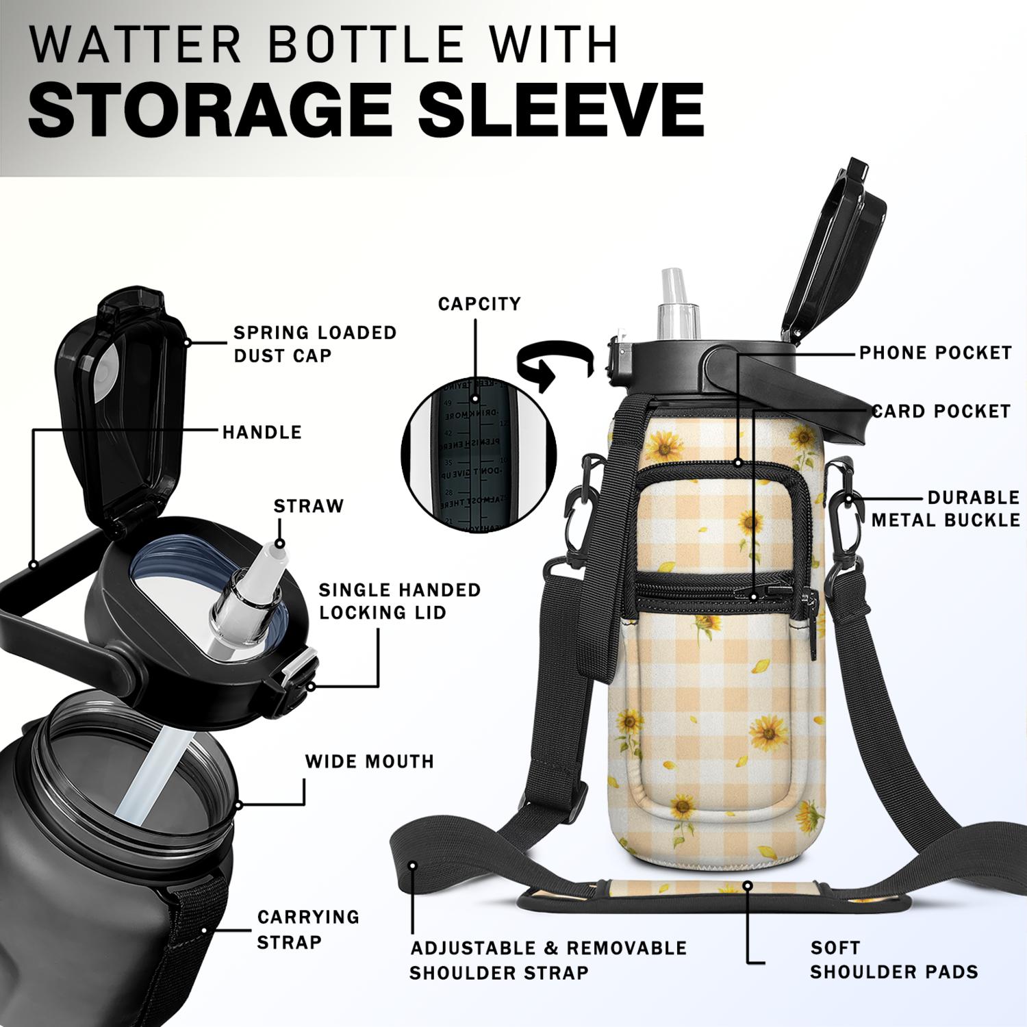 Sunflowers 64 Oz Water Bottle with Measurements - BPA Free Leakproof Sport Large Plastic Water Bottle with Straw Strap & Insulated Neoprene Holder Carrier Bag Great Gift for Women Men