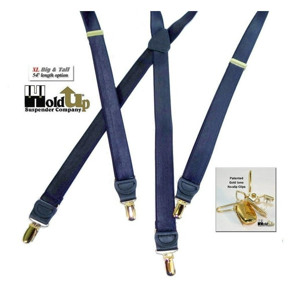 Hold-Ups 1" Wide Satin Blue XL length Suspenders X-back with Gold No-slip Patented Clips