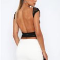 thumbnail image 3 of Top de encaje con cuello redondo de manga corta para mujer, camiseta de malla transparente corta con espalda descubierta y elegante de verano, 3 of 6