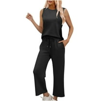 Loungewear Sets for Women Fall New Women Solid Two Piece Sets for Women Summer Vacation Travel Outfits Round Neck Lounge Matching Sets Black XXL