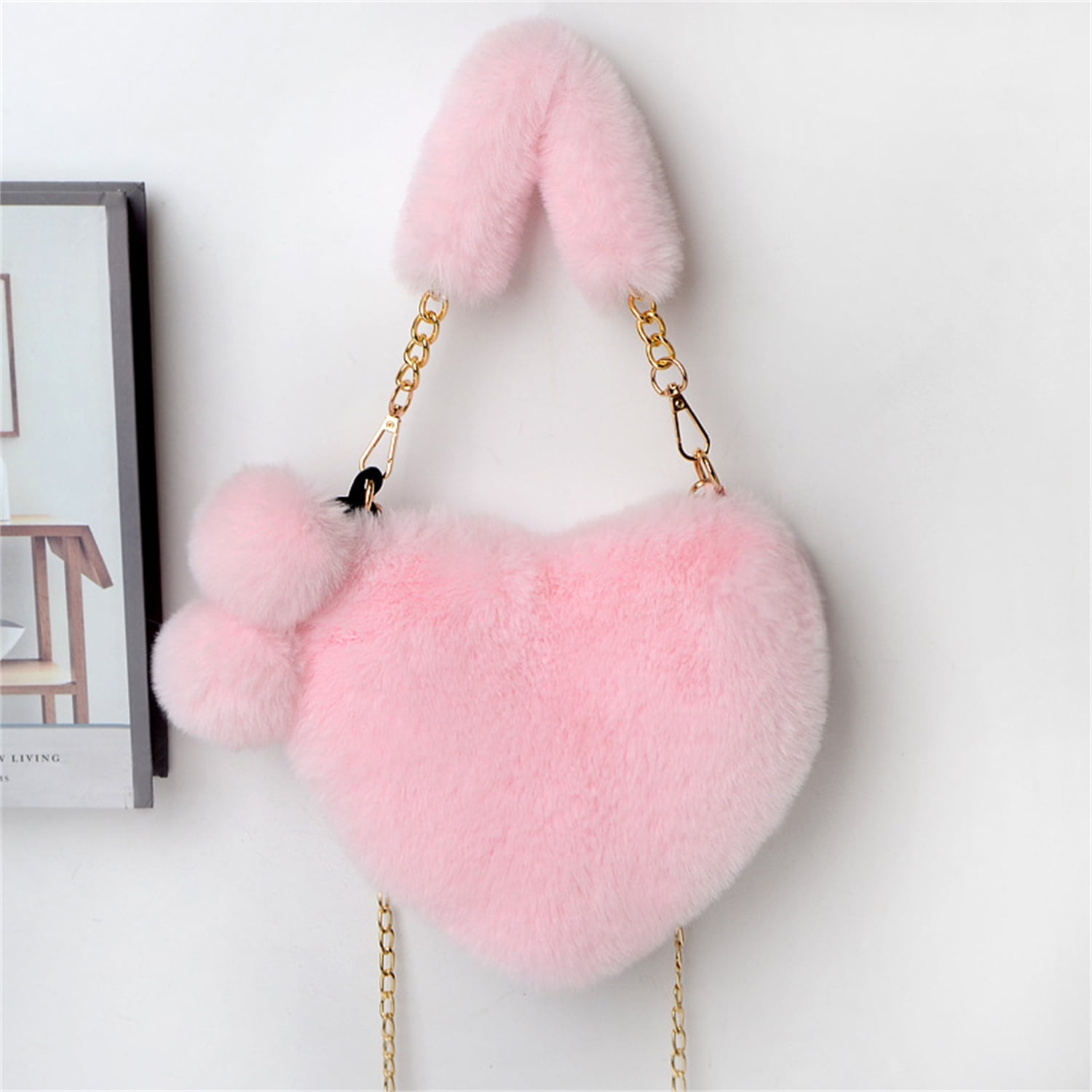 Heart Shaped Purse Valentine's Day Fluffy Soft Faux Fur Shoulder Bag for Women Girls Cute Gift