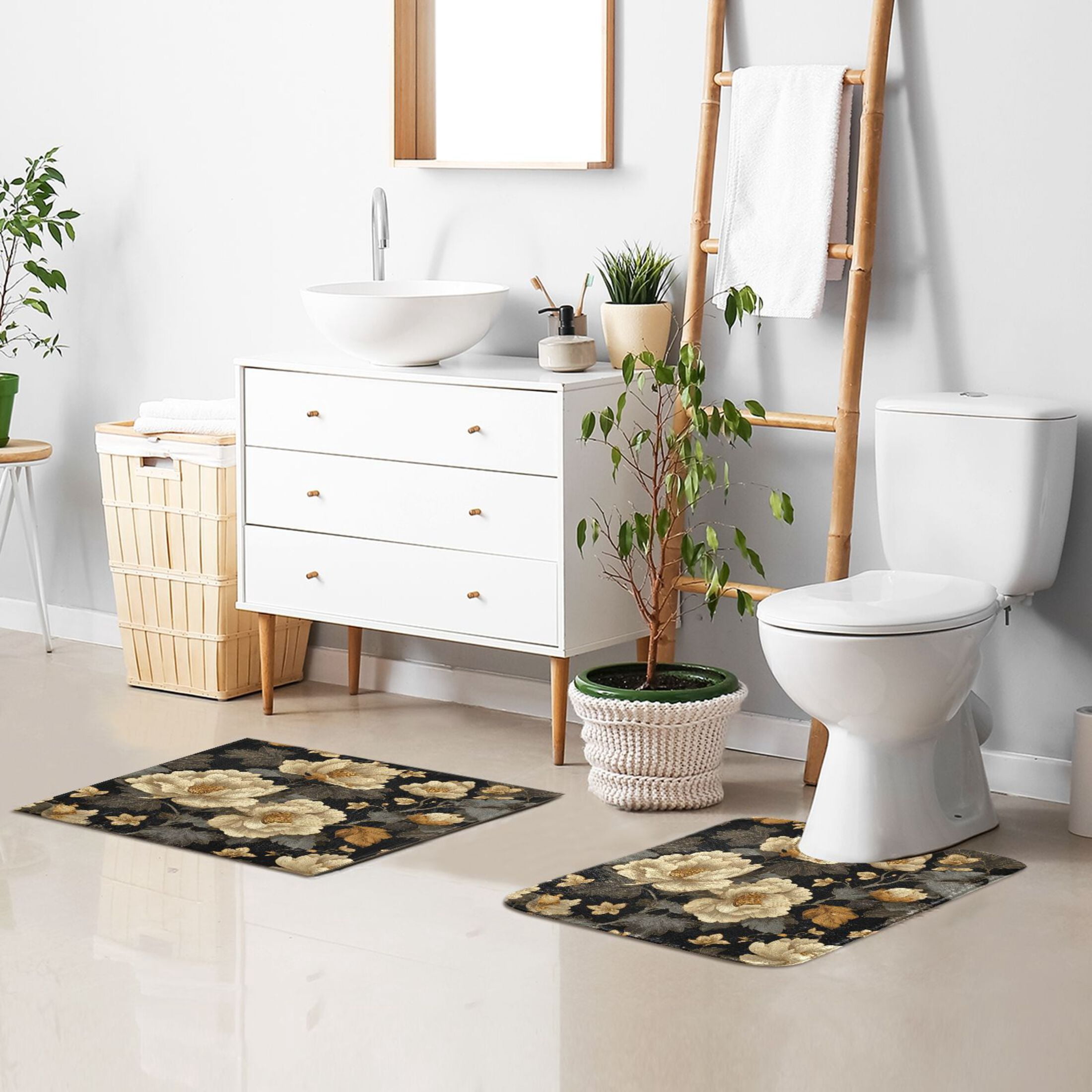 2 Piece Bath Mat Set with U-Shaped Toilet Mat and Rectangle Bath Rugs Non Slip Machine Washable Bathroom Mats Elegant Beige Floral