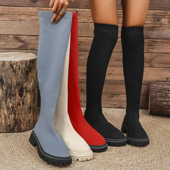 Lovzfmll Knee High Boots Women, Over The Knee Sock Boots Stretch Chunky Heel, Chunky Mid Heel Round Toe Chelsea Boots Casual Fall Black Boots