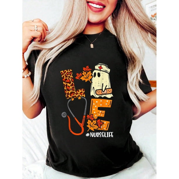 Halloween T-Shirt 100% Cotton Leopard Ghost Nurse Costume Fall Scrub Top Women T-Shirt Women's Tee Causal Breathable Classic Comfort Tops
