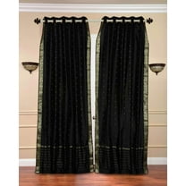 Lined Ring Top Sari Curtains 60"W x 96"L matching tiebacks- Handcrafted Black Indian Drapes with Lining, Offering Privacy and Insulation for Living Room/Bedroom/Dining Room, Sold in Pairs