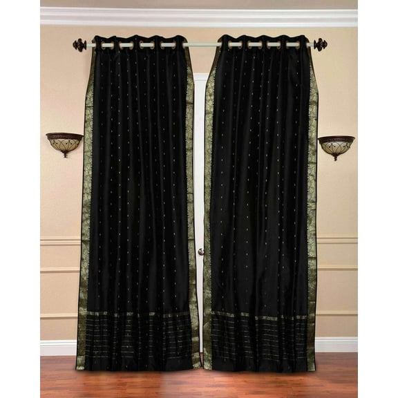 Lined Ring Top Sari Curtains 60"W x 96"L matching tiebacks- Handcrafted Black Indian Drapes with Lining, Offering Privacy and Insulation for Living Room/Bedroom/Dining Room, Sold in Pairs
