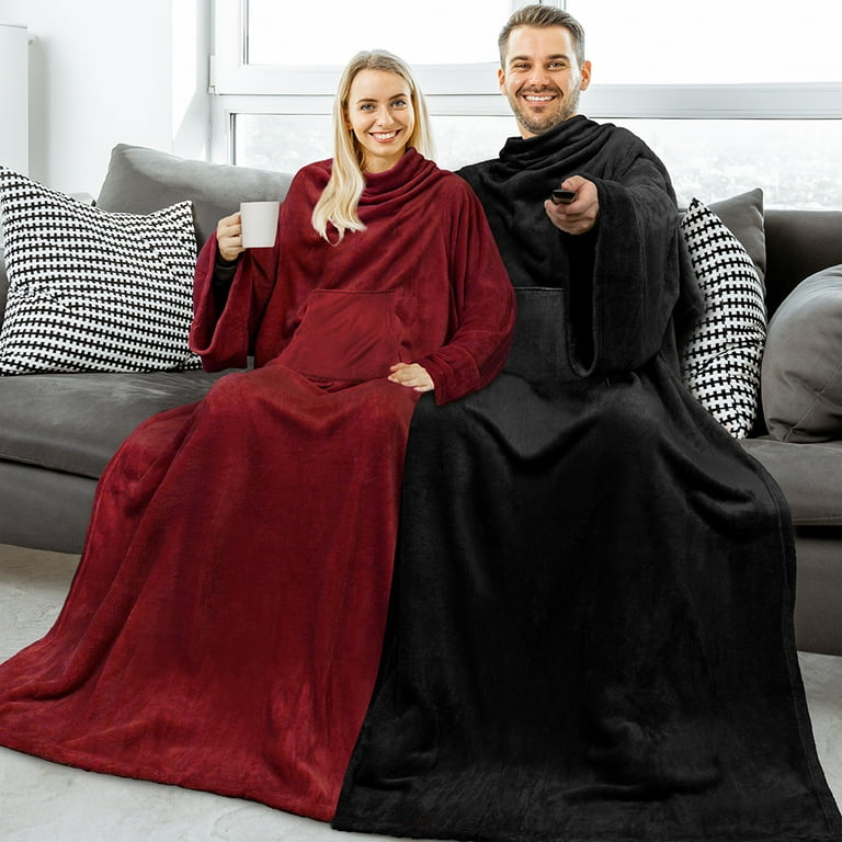 PAVILIA Premium Cozy Wrap Wear Snuggle Fleece Blanket with Sleeves Arm Pocket Wine Red For Adults Walmart