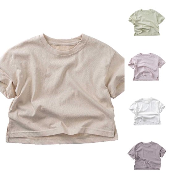 WEIGFI Child Toddler Girls Basic Tee Soft Cotton T-Shirts Breathable Solid Color Outdoor Playwear Short Sleeve Crew Neck Casual Daily Wear Summer Cute Holiday Tops,Beige,3-4 Years