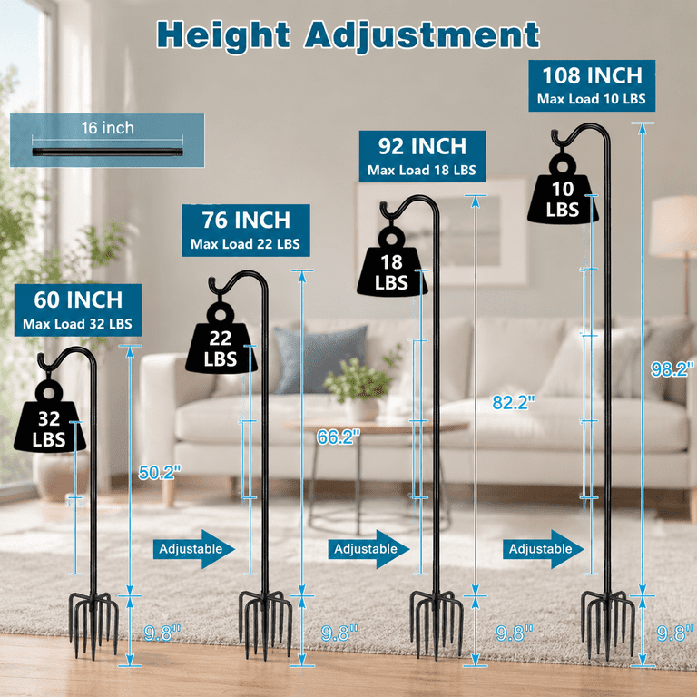 76 Inch 2 Pack Heavy Duty Outdoor Shepherd Hook with 7-Prong Base ...