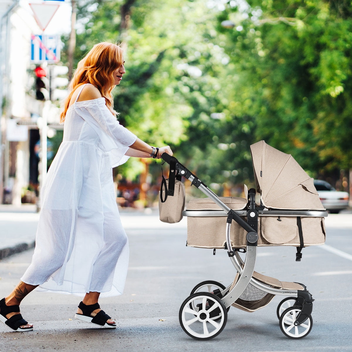 Infans Aluminum Infant Reversible Outdoor Foldable Stroller W/Diaper Bag Beige