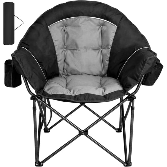 Qiyou Oversized Padded Folding Camping Chair for Adults, 500 Lbs Capacity, Built-in Cooler Bag & Side Pockets, Black