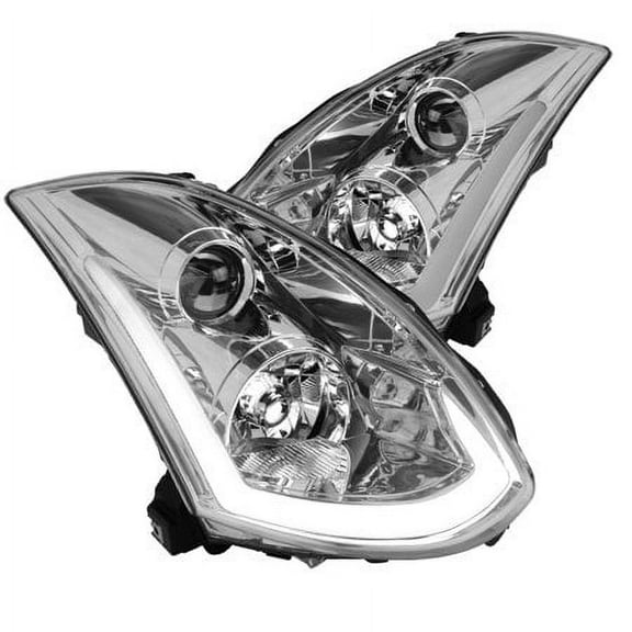 DRL LED Switchback Sequential Signal Light Bar Strip Projector Headlight Head Lamp In Chrome Housing Clear Lens Made For And Compatible With 2003 - 2007 Infiniti G35 Coupe Factory Xenon HID Type
