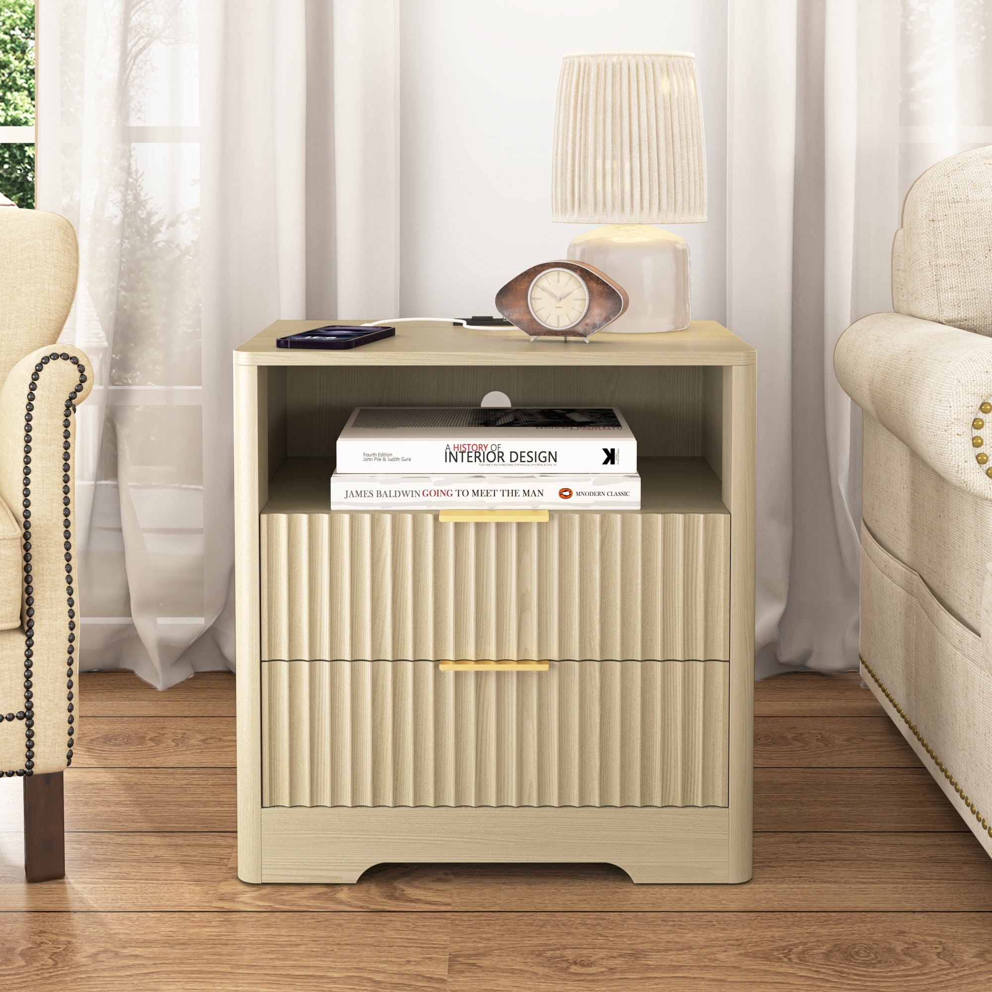 Nightstand with 2 Drawers,Smart Nightstand Bedside Tables with Night Light,Modern End Table for Bedroom,Living Room,Wood02