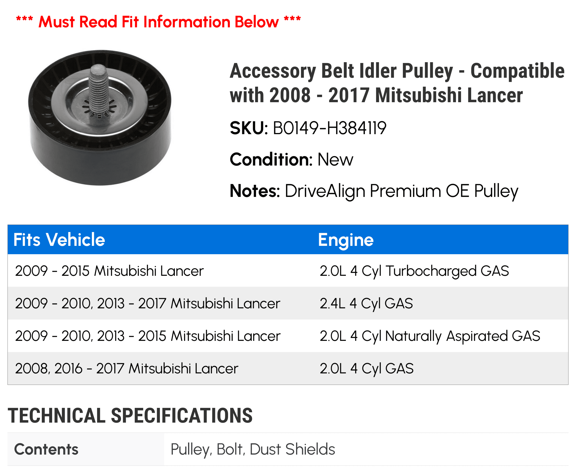 Accessory Belt Idler Pulley - Compatible with 2008 - 2017 Mitsubishi Lancer - Gates