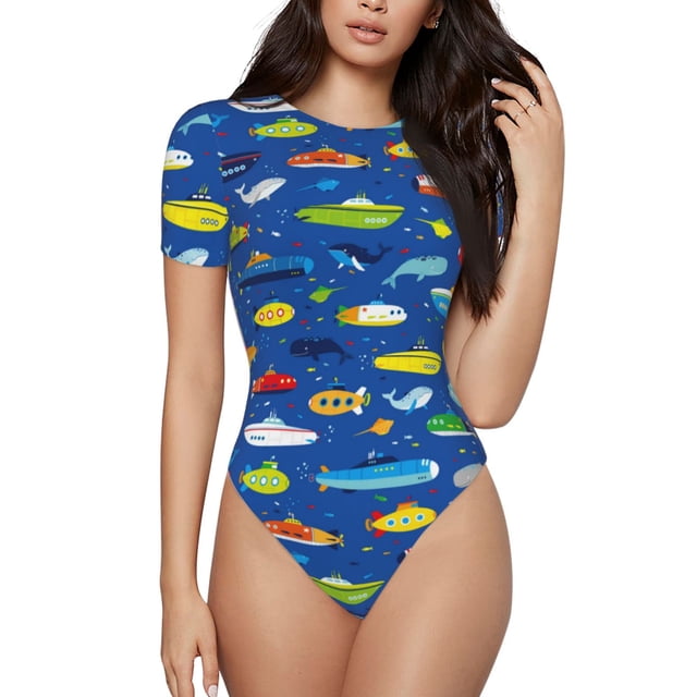 Vsdgher Combinaison à Manches Courtes pour Femmes, Justaucorps une Pièce Aguichant Col Rond Shapewear Contrôle du Ventre-TG