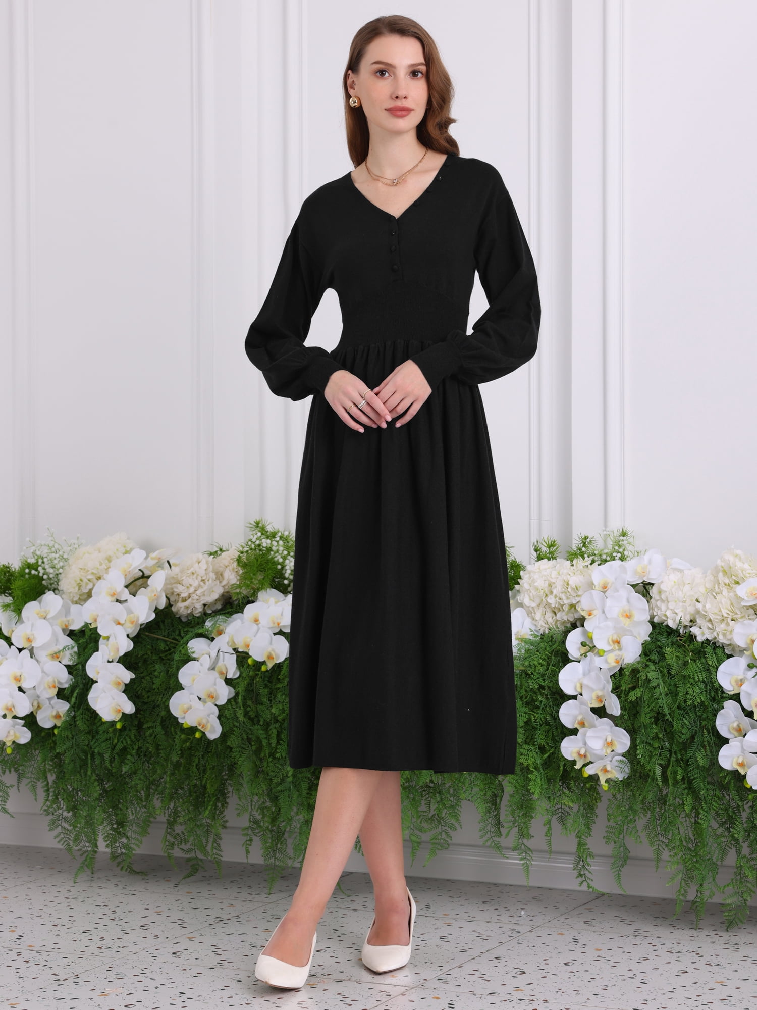 DARING DIVA Long Sleeve Sweater Ribbed Knit Midi A-Line Dress S Black