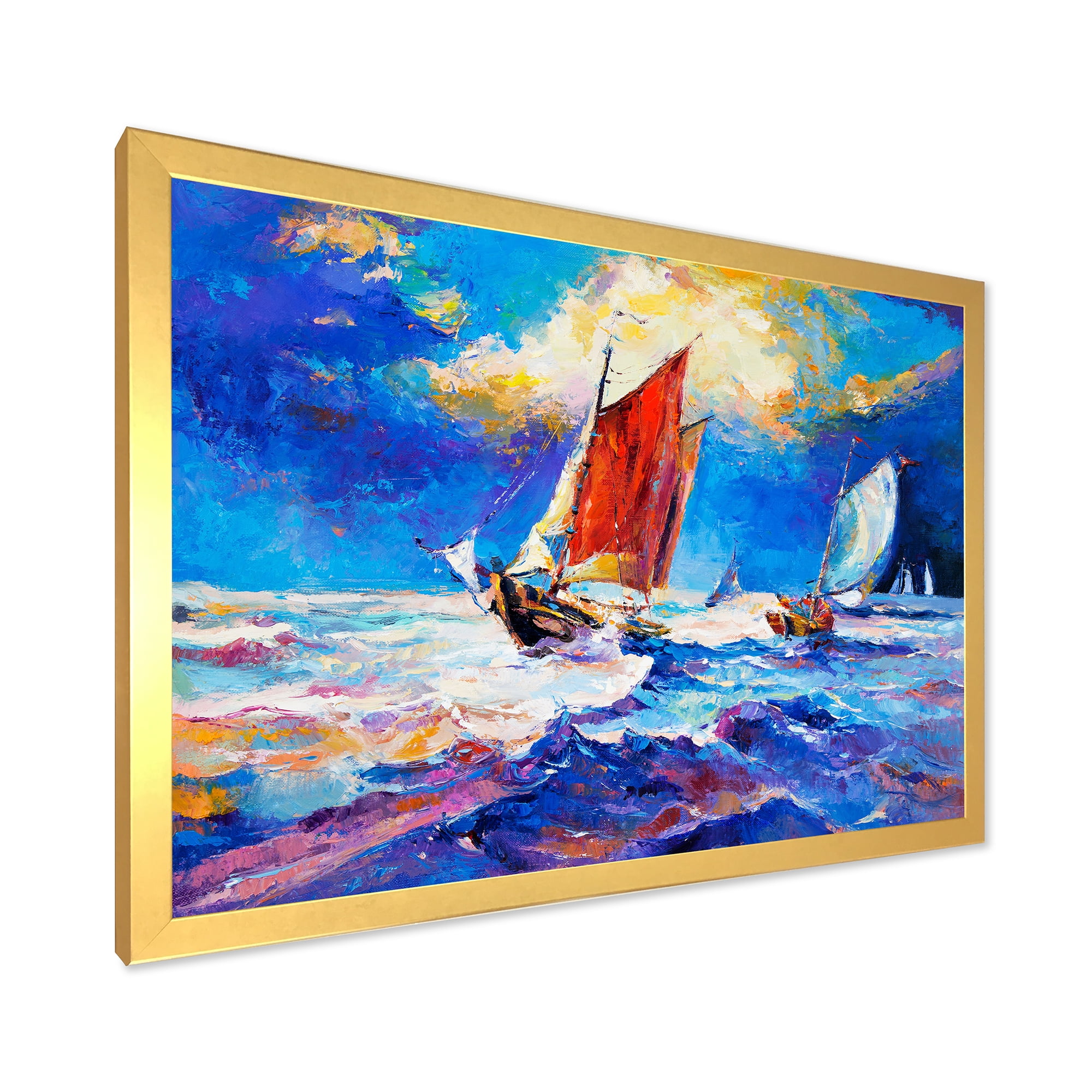 Sail ships On The Ocean Waves During Evening 32 in x 24 in Framed Painting Canvas Art Print, by Designart