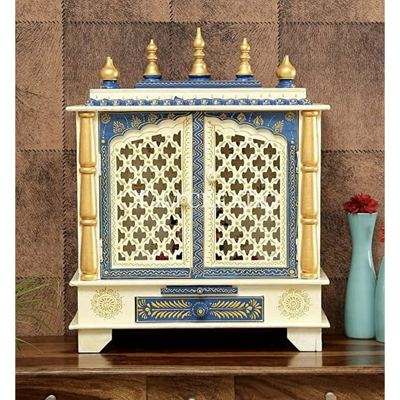 TAM Creatio Wooden Pooja Mandir Indian Hindu Decoration Puja Cabinet Temple Bhagwan Stand Mandapam Wall Hanging Decor for Home in USA (22x11x28 Inches) (22x11x28 Inches), White