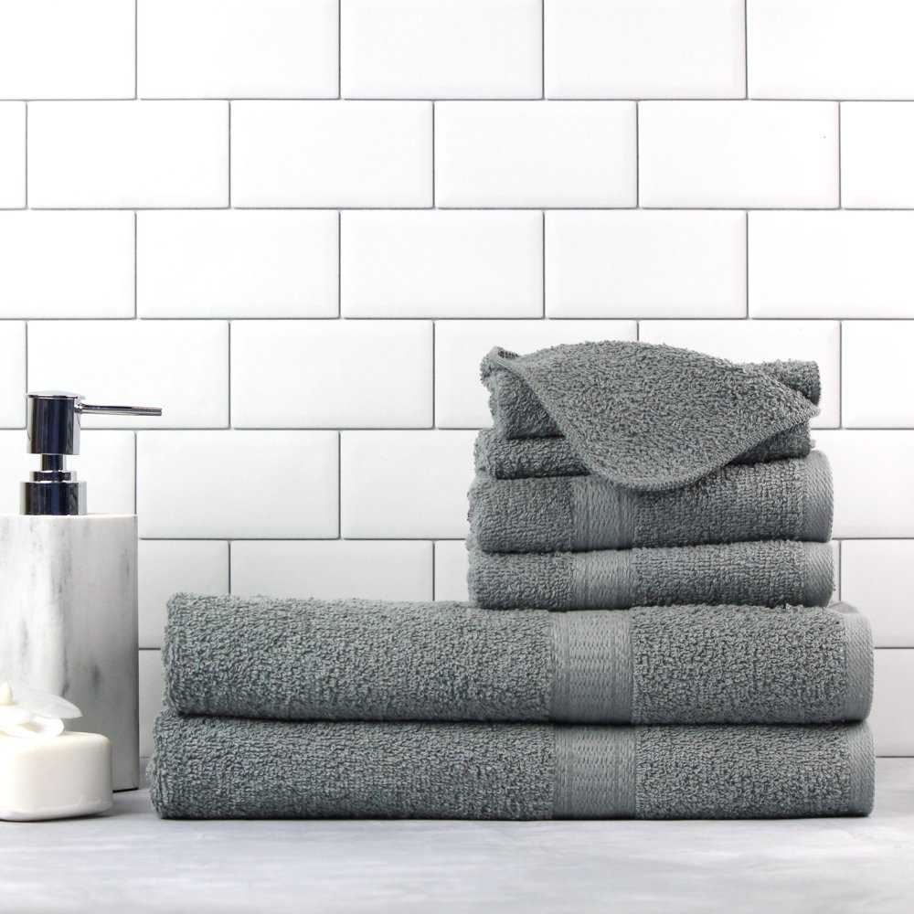 Mainstays Basic Bath Collection 6 Piece Towel Set, Grey (2 Bath, 2