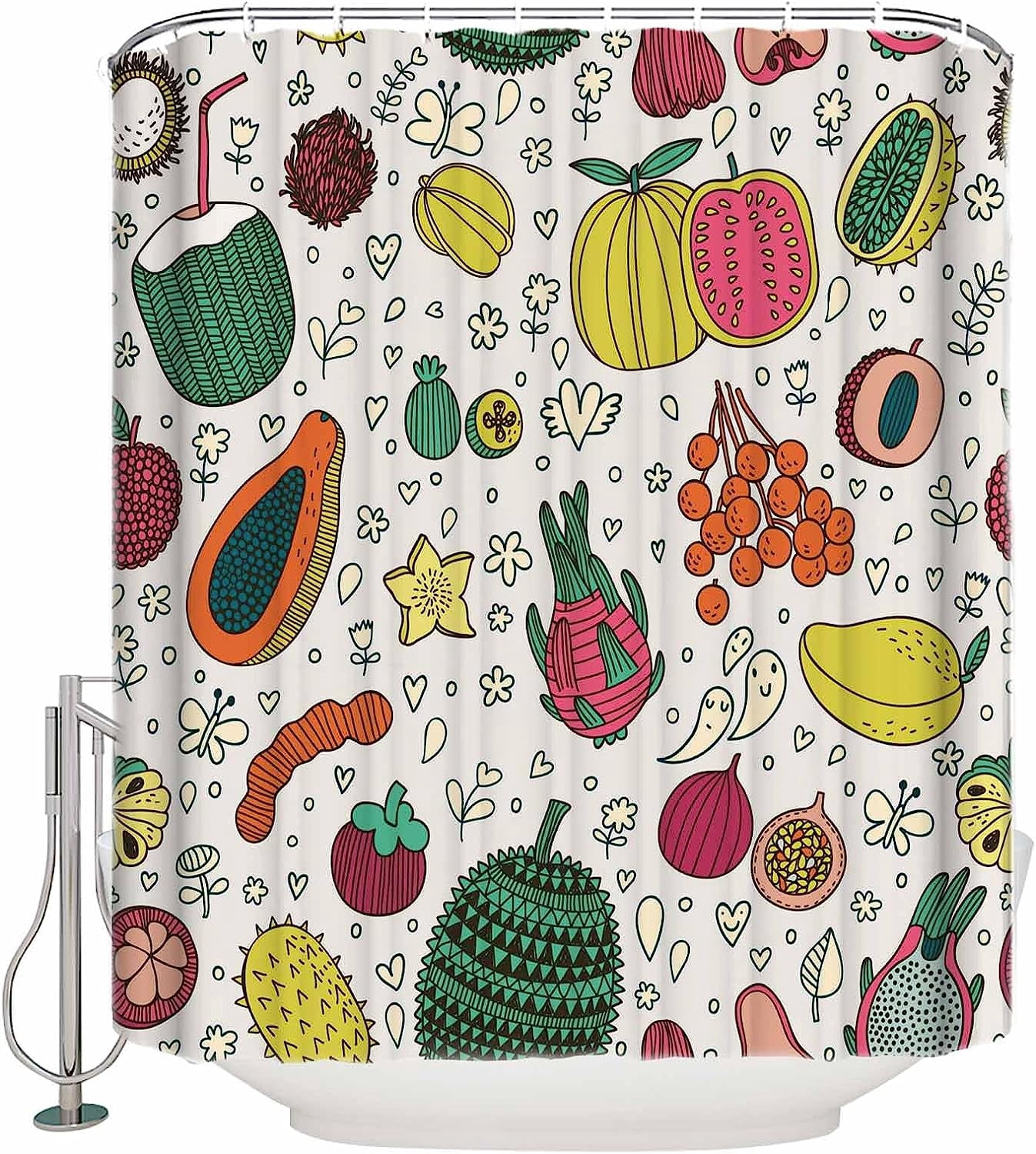 JOOCAR Colorful Dragon Fruit, Durian, Carambola, Mango Shower Curtain