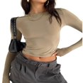 thumbnail image 1 of Femmes Manches Longues T-Shirt Col Rond Mince Crop Top Causal Solide Y2k Pull-Over Top, 1 of 6