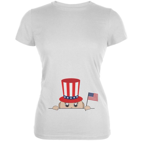 4th of July - Peeking Baby White Juniors Soft T-Shirt - Small