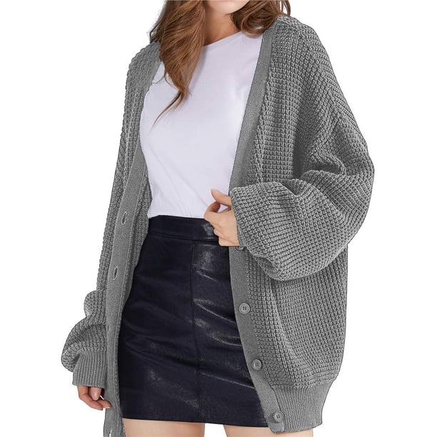 Cárdigan de Punto Grueso para Mujer, Larga, Cuello en V, Botones, con Bolsillo, para Otoño e Invierno Gris XXXL