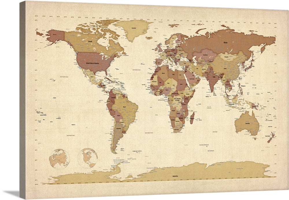 Great BIG Canvas | "World map showing latitude and longitude - brown" Canvas Wall Art - 24x16