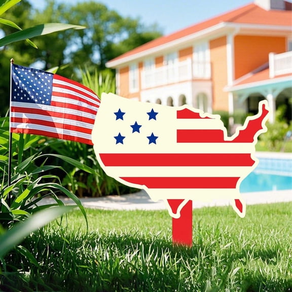 Wooden USA Yard Sign Patriotic Garden Stake 4th of July Outdoor Decorations Lawn Stakes Stars Decor American Flag Letter Set for Independence Day Memorial Veterans Day Party Decor(Map)