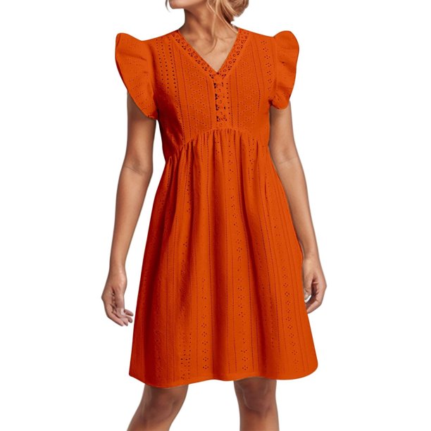 Vestido informal de color liso para mujer con mangas colgantes de encaje y mini falda - Poliéster, diseño con volantes y cuello en V, apto para mujeres embarazadas