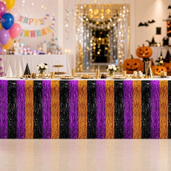 Cififendec Halloween Wavy Tinsel Table Skirt, 108.27"×29.53", Metallic Fringe Table Runner Cover for Dessert Bar Candy Station Birthday Banquet Backdrop Decor