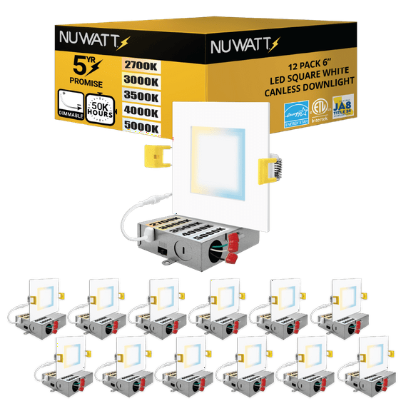 NuWatt 6'' Square Trim Ultra Slim 5CCT Selectable LED Canless Recessed Light 12PK