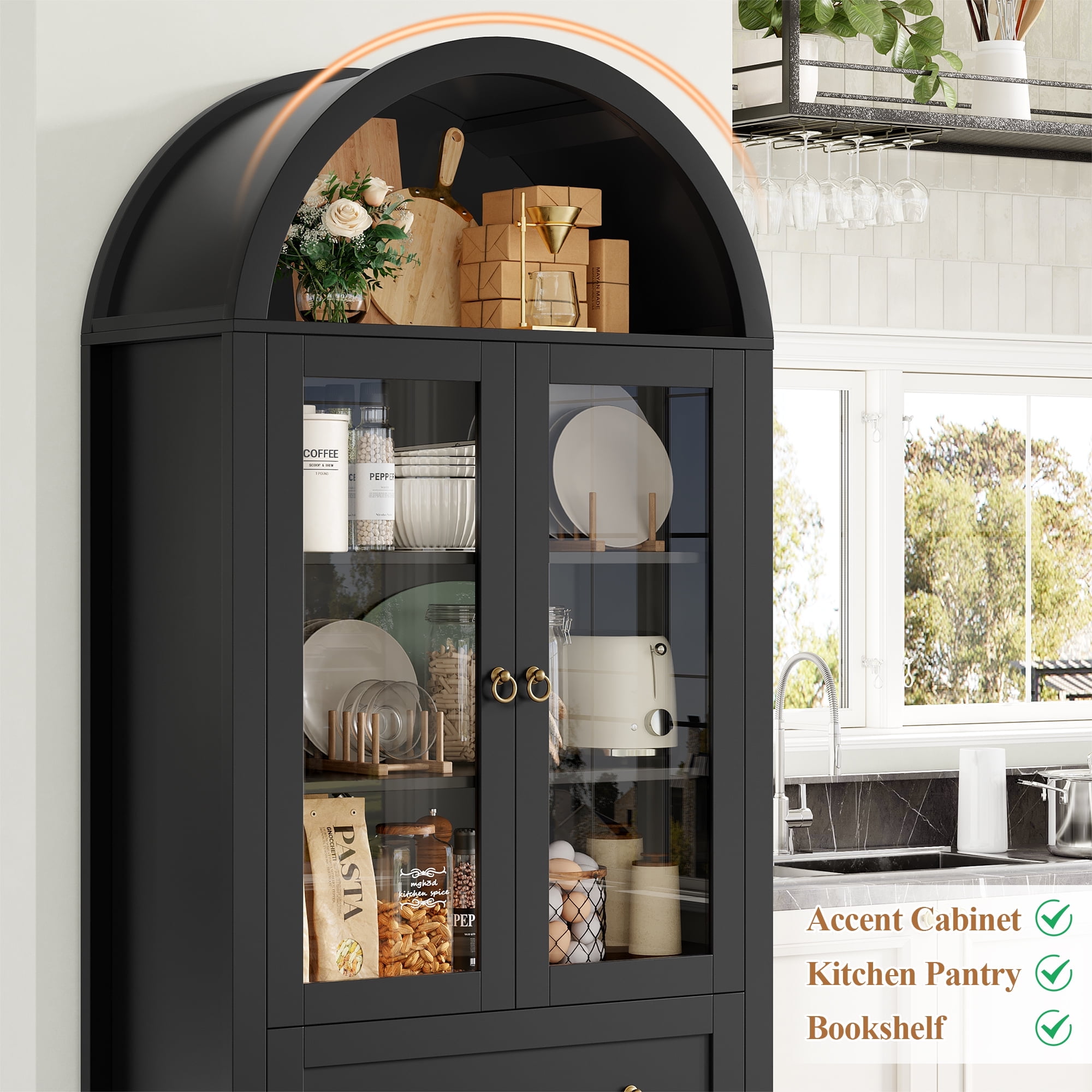Hiphuta 70" Tall Arched Kitchen Pantry Storage Cabinet with Glass Doors, Freestanding Modern Farmhouse Hutch Cupboard with 2 Large Drawers, for Kitchen Dining Room, Black