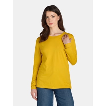 Time and Tru Women's Cotton Crewneck Tee with Long Sleeves, Single and 3 Pack, Sizes XS-XXXL