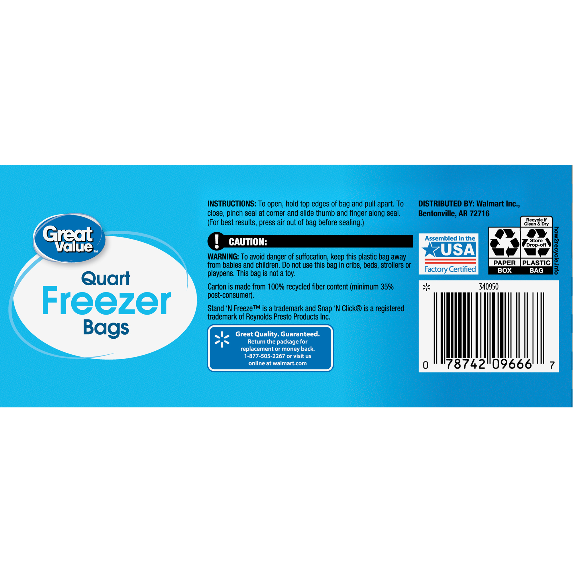 Great Value Freezer Guard Double Zipper Freezer Bags, Quart, 75 Count ...