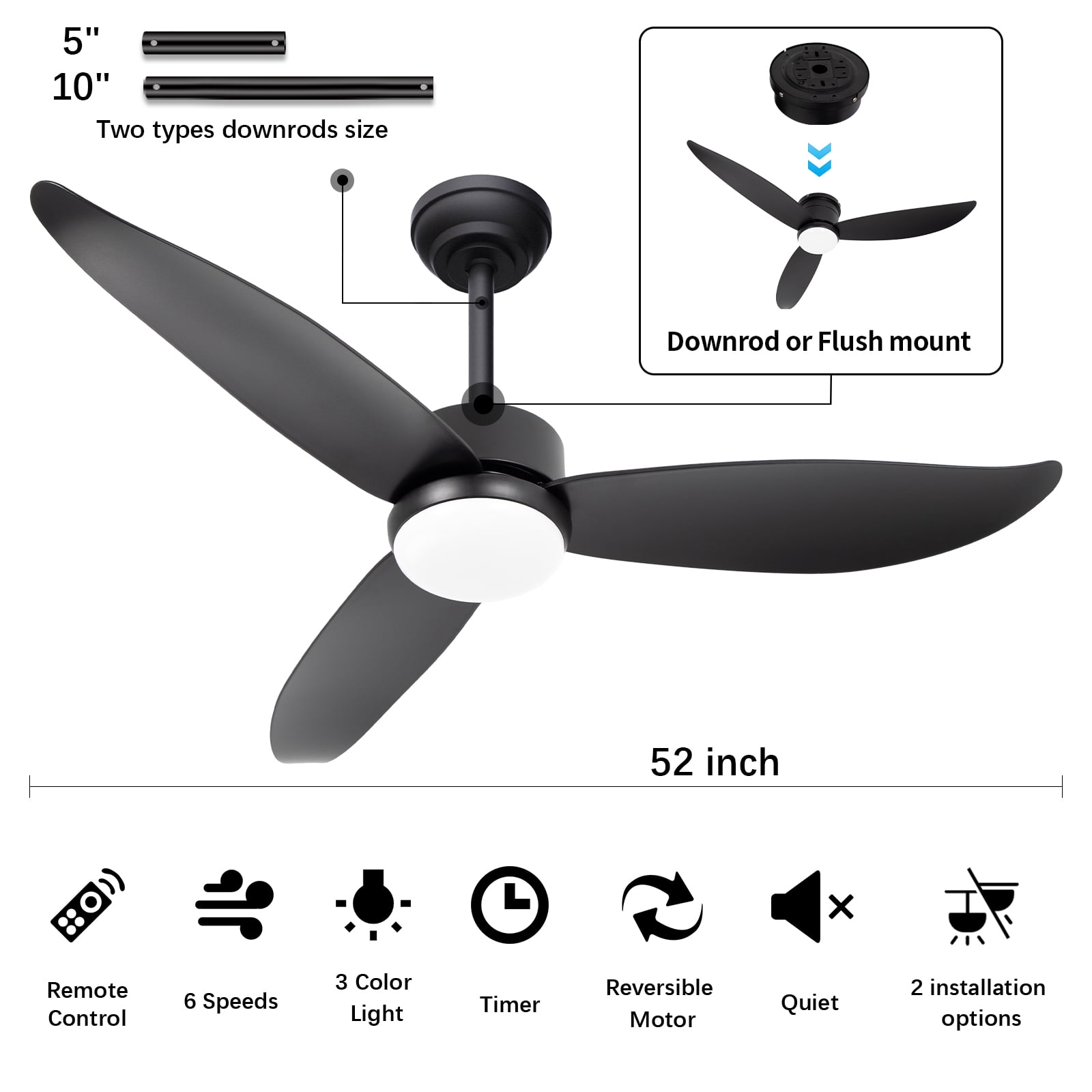 Wozzio 52'' Black Ceiling Fan with Light and Remote Control, 2 Options Installations, 3 ABS Fan Blades, Home