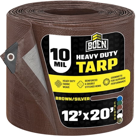 12 ft. x 20 ft. Heavy-Duty Commercial Brown/Silver Tarp Cover 10 Mil Thick Weave Material, Waterproof