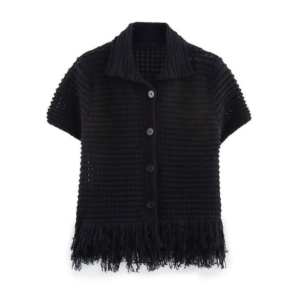 Women'S Open Knit Short Sleeve Top with Fringe