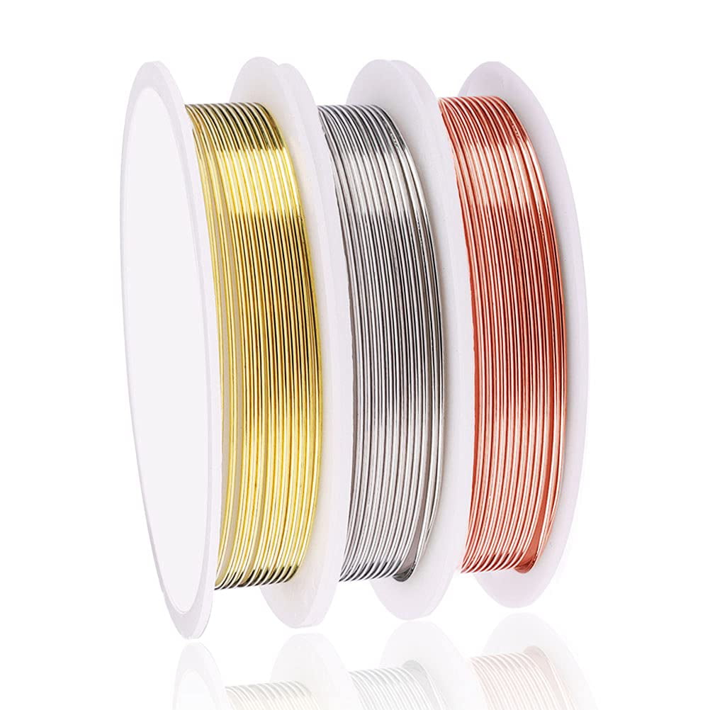 Silver, Gold and Rose Gold 3 Pack 20 Gauge Jewelry Copper Craft Wire,Tarnish Resistant Jewelry Beading Wire for Jewelry Making Supplies and Crafting 