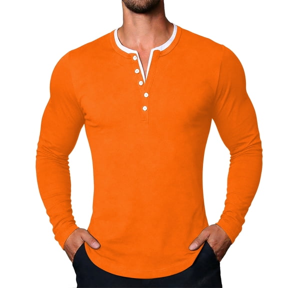 XUANTAOO Mens Tshirts Long Sleeve Button Down Crewneck Henley Shirts Basic Orange T Shirts with Button Men's Shirts Casual