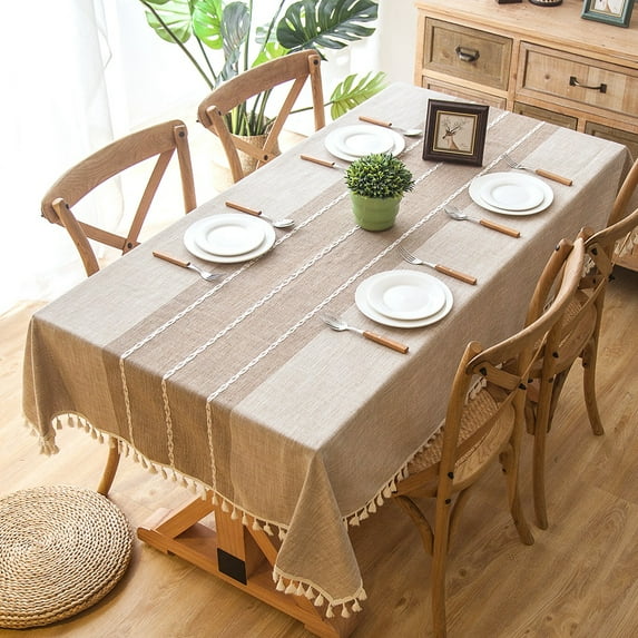SEARIPE Rectangle Cotton Linen Tablecloth with Tassels, Color Block Dust-Proof Tablecloth for Table Decoration Kitchen Dinning Party Khaki 55" x 91"